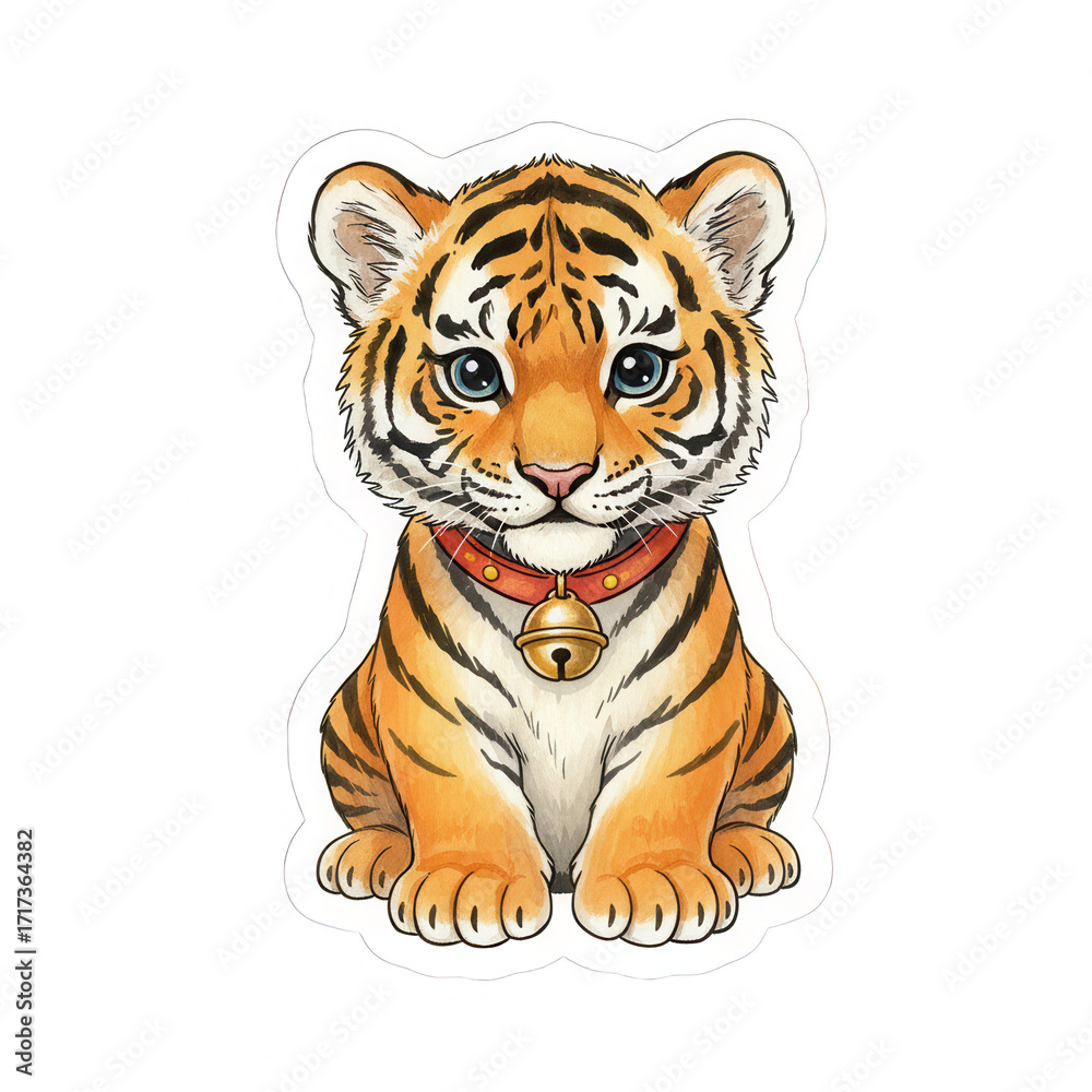 Obraz premium Adorable Tiger Cub with Bell - Watercolor Illustration
