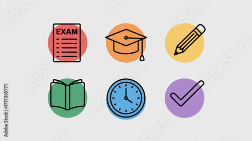 Exam study education vector set including test preparation graduation book pencil and time management icons