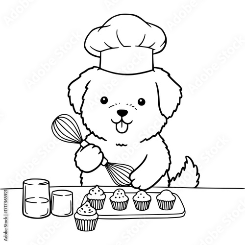 Adorable puppy chef bakes delicious cupcakes, a sweet treat for cartoon lovers and animal enthusiasts, perfect for baking-themed designs & children's books
