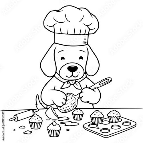 Adorable puppy chef baking tasty cupcakes with a touch of chaos, perfect for children's books, baking promotions, or pet-themed designs