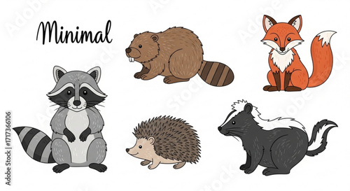 Illustration of a raccoon, beaver, fox, hedgehog, and skunk on a white background in a cartoon style created with generated ai