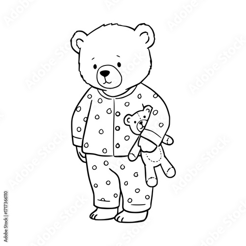 Adorable bear in pajamas cuddling a teddy bear, perfect for bedtime stories and sweet dreams visuals for children's content, vector illustration