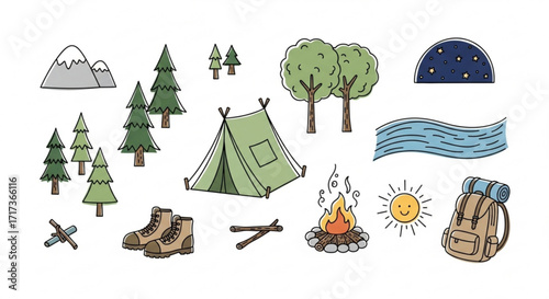 Illustration of camping elements including a tent, trees, mountains, and campfire scene outdoors created with generated ai