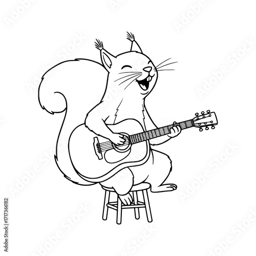 Happy Squirrel Serenading You with Acoustic Guitar on Stool, Whimsical Forest Animal Musician, Line Art Illustration for Children's Books or Nature Designs