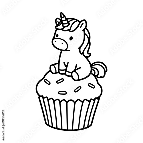 Adorable unicorn perched atop a delightful cupcake, perfect for birthday cards, children's books, and sweet-themed designs, originally a scalable vector