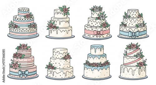Collection of eight three tier wedding cakes decorated with flowers and ribbons in pastel colors created with generated ai
