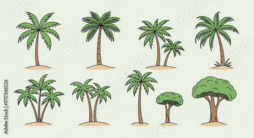 Illustration of various cartoon palm trees and generic trees on small sand mounds on a light background created with generated ai