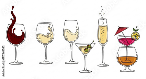 Illustration of various alcoholic beverages in glasses including wine champagne and cocktails line art style created with generated ai