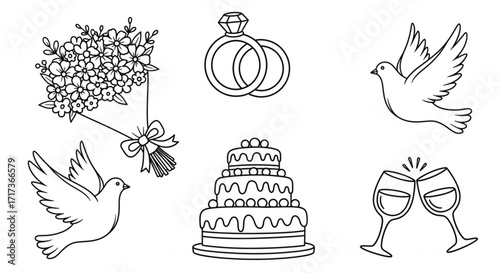Wedding themed line art featuring flowers, rings, doves, cake, and toasting glasses in black and white created with generated ai