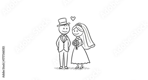 Stick figure wedding couple with heart above them in simple black and white illustration style drawing created with generated ai