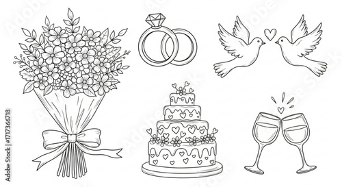 Illustration of wedding elements including bouquet rings doves cake and champagne glasses line art style created with generated ai