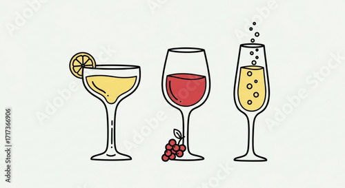 Illustration of three different types of drinks in glasses with a lemon and grapes on white background created with generated ai