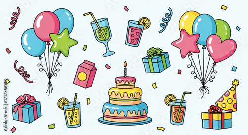 Illustration of a birthday party with cake balloons gifts and drinks on a light background created with generated ai