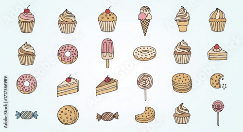 Illustration of cupcakes donuts ice cream cake cookies lollipops and candies arranged on a light background created with generated ai