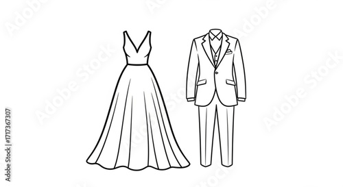 Illustration of a wedding dress with v neckline and a suit with bow tie in black and white outline created with generated ai
