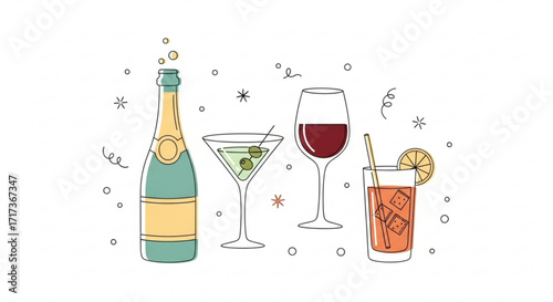 Illustration of champagne bottle, martini, wine glass and cocktail with lemon slice and ice cubes design created with generated ai