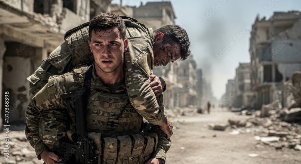 custom made wallpaper toronto digitalSoldier carrying injured man on shoulder through ruined city. Military rescue operation during wartime. Concept of bravery and sacrifice.