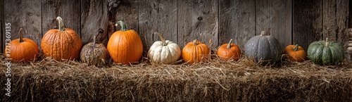 An autumn arrangement of colorful pumpkins resting on hay bales