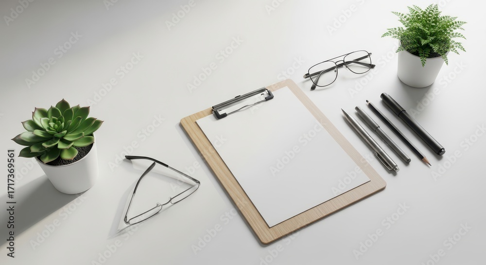 © MST - Minimalist Office Desk with Clipboard Pens and Plants © MST - Minimalist Office Desk with Clipboard Pens and Plants