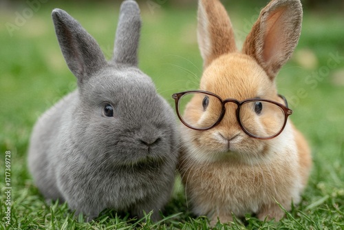 Two adorable rabbits pose together in a lush green grassy field