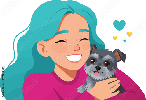Joyful woman hugging adorable schnauzer puppy expressing love and companionship vector