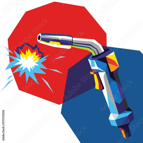 Welding gun with sparks against a red and blue background illustration.
