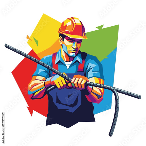 Construction worker bends rebar against colorful background in a stylized illustration.