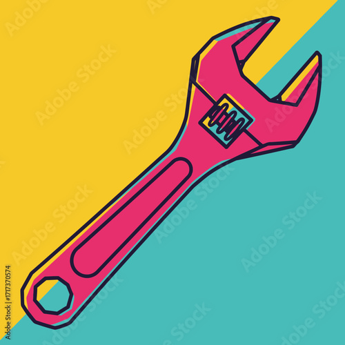 Pink adjustable wrench tool on a background divided into yellow and teal.