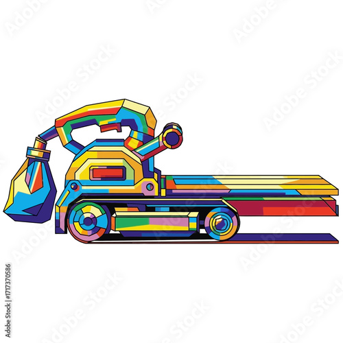 Colorful belt sander tool illustration with dust bag on a white background.