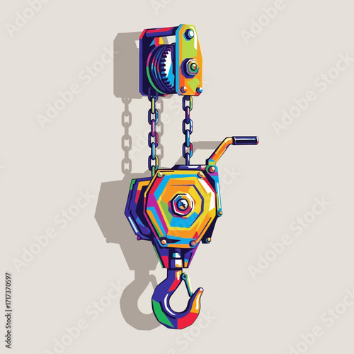 Colorful hoist with chain and hook against a plain background.