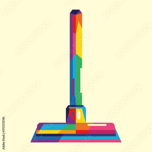 Colorful squeegee tool stands against a light yellow background in a graphic style.