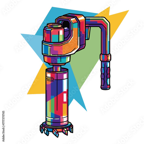Colorful illustration of a mechanical device with geometric shapes in the background.
