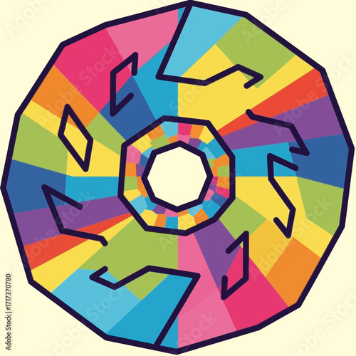 Colorful geometric abstract design with radial symmetry on a light background.