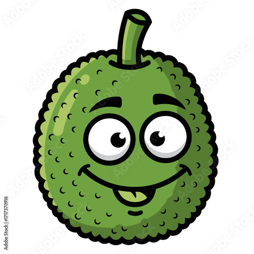 Cartoon jackfruit character with a happy face on a white background.