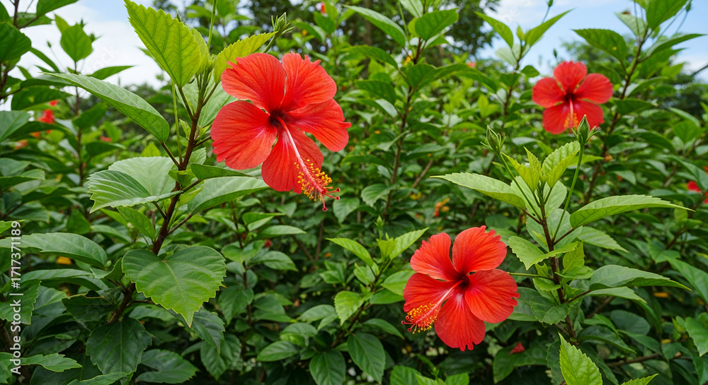 Obraz premium Image is a vibrant, high-resolution photograph featuring a lush green plant with large, glossy leaves and striking red hibiscus flowers. The flowers are prominently displayed, with one in the upper se