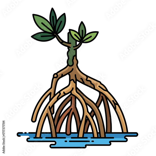 Mangrove plant with roots visible above water level illustration.