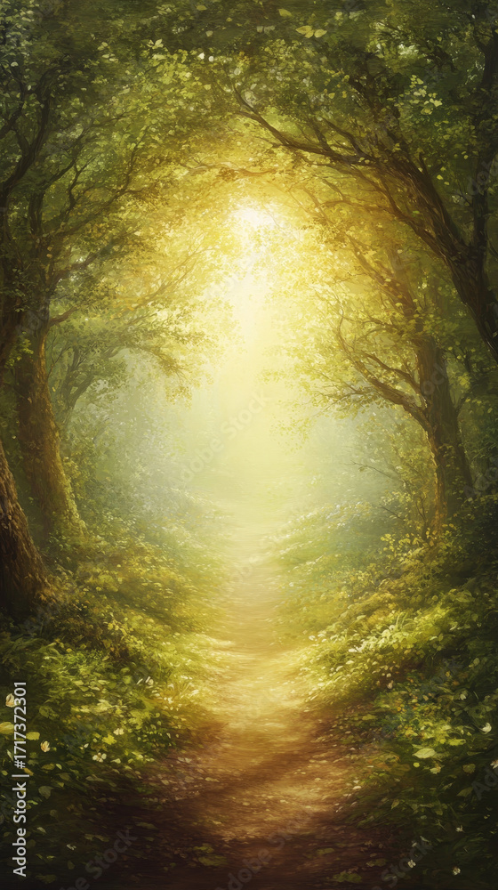 Naklejka premium Magical forest path bathed in radiant morning light. A serene journey into an enchanting natural wonderland.