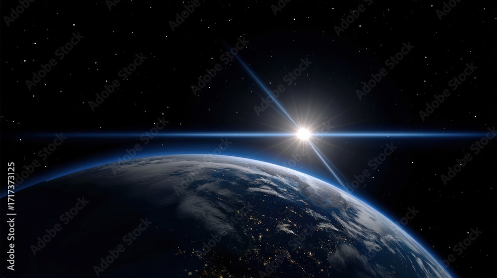 Obraz premium Majestic View of Earth from Space Showcasing Stunning Blue Oceans and Green Lands Against a Backdrop of Endless Stars and Cosmic Wonder in the Universe