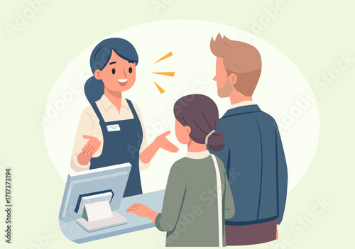 Flat illustration of a cashier explaining to a customer.