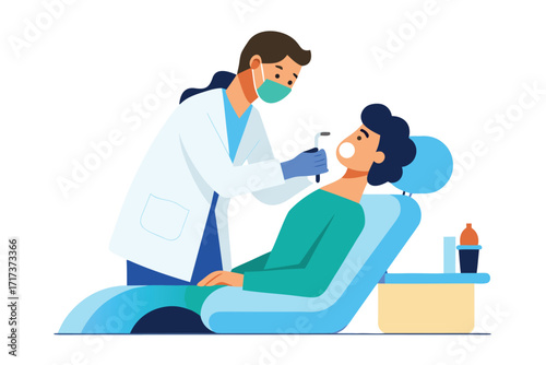 Illustration of a dentist examining a patient s teeth with dental tools isolated on white background