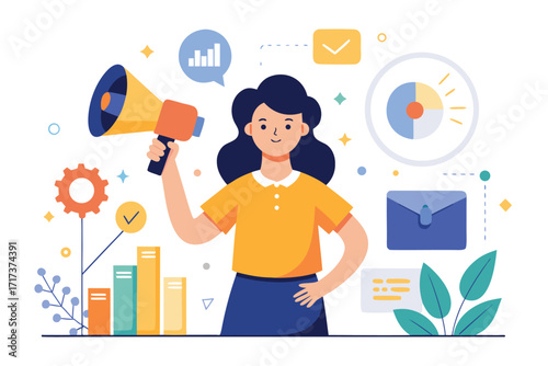 Illustration of a woman marketing with a megaphone conveying a message or announcement isolated on white background