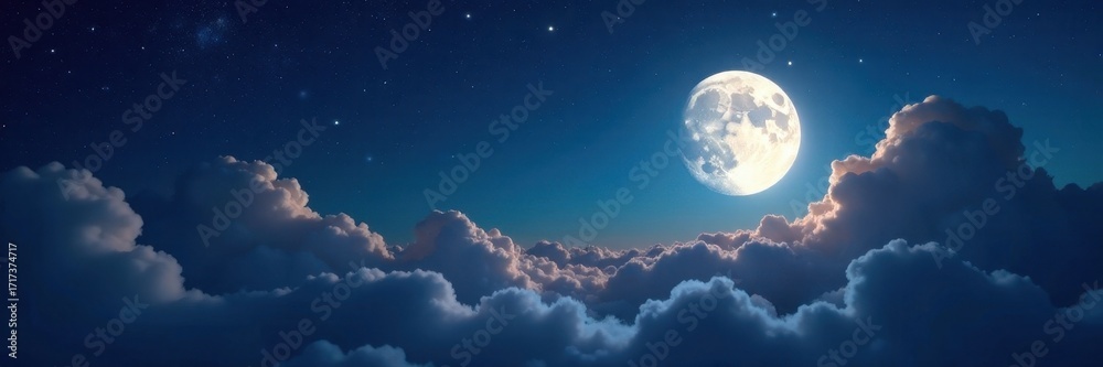 Fototapeta premium Bright moon peeking through fluffy clouds, star-filled night , silver, full moon, shadow