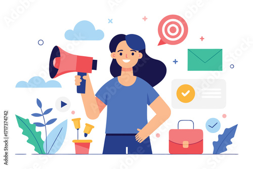 Illustration of a woman marketing with a megaphone conveying a message or announcement isolated on white background