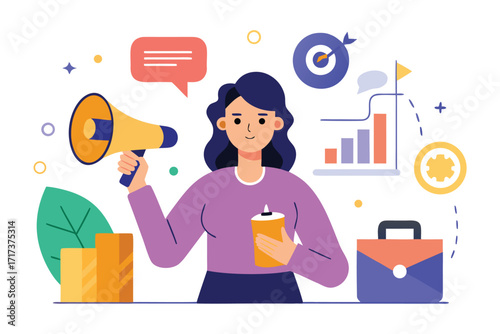 Illustration of a woman with a megaphone promoting a message or announcement isolated on white background