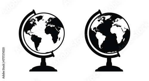 Two classic world globes presented in a simple black and white style
