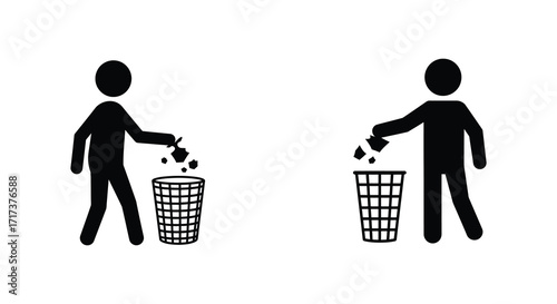 Two figures disposing of waste into separate trash receptacles shown