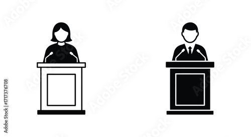 Simple black and white icons depicting a woman and man at podiums