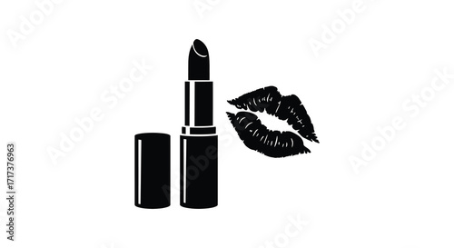 Black silhouette of lipstick and a kiss mark graphic design