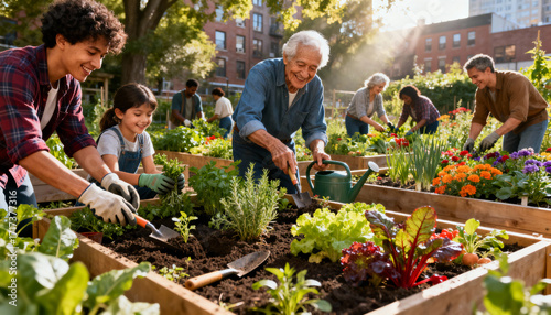 Wallpaper Mural Smiling Diverse Generations Cultivating Herbs and Vegetables in a Vibrant Urban Community Garden Torontodigital.ca