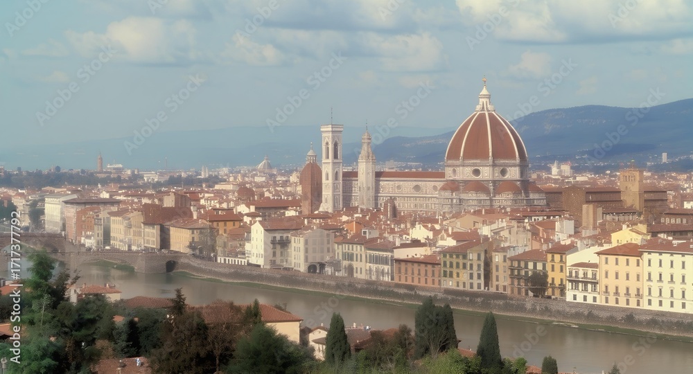 Fototapeta premium Expansive Florence Cityscape: Brunelleschi's Dome, Giotto's Campanile, and Arno River Winding Through Historic Renaissance City